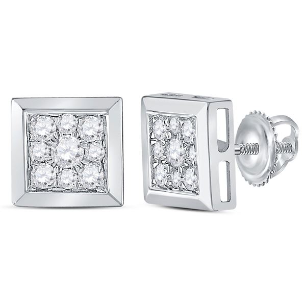 Round Diamond Square Cluster Stud Earrings 1/2 Cttw 14KT White Gold