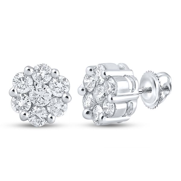 Round Diamond Flower Cluster Earrings 2 Cttw 14KT White Gold