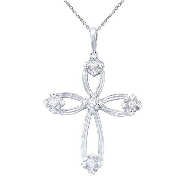 Natural 1.59 CTW Diamond & Baguette Necklace 18K White Gold - REF-312W3H