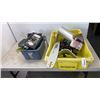 Image 1 : TOTE AND TRAY OF BENCH VICE, CHAINSAW GUARD AND BLADE, ELECTRICAL HARDWARE