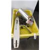 Image 2 : TOTE AND TRAY OF BENCH VICE, CHAINSAW GUARD AND BLADE, ELECTRICAL HARDWARE