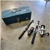 Image 1 : 2 COLLAPSIBLE FISHING RODS WITH WATERTITE METAL TACKLE BOX AND CONTENTS