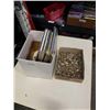 Image 1 : BOX OF EASTERN DISHES AND EASTERN COASTERS AND TRAY, CARVED VASE AND LION BRUSH