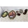 Image 1 : HEAVY CARVED WOOD OWL, BOMA SEAL FIGURE, COMARCHE POTTERY VASE AND 3 VINTAGE OVAL FRAMED PRINTS, 2 W
