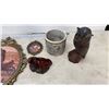 Image 2 : HEAVY CARVED WOOD OWL, BOMA SEAL FIGURE, COMARCHE POTTERY VASE AND 3 VINTAGE OVAL FRAMED PRINTS, 2 W