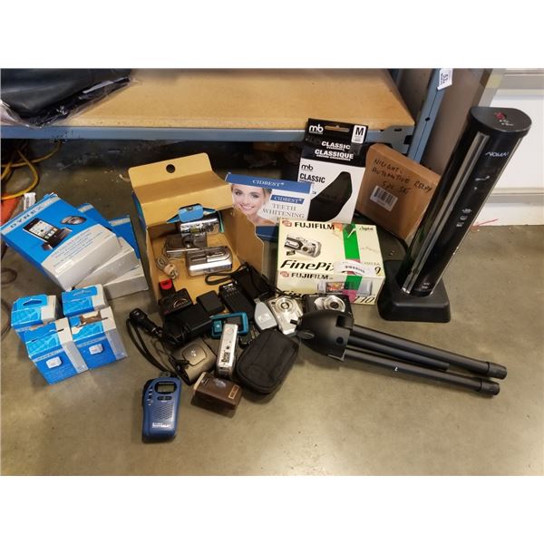 LOT OF ELECTRONICS, WALKIE TALKIE, 50W REVERSE TRANSFORMERS, TRIPOD, POWER BAR, ETC