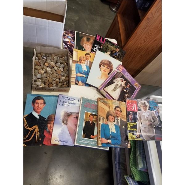 BOX OF ROYALTY BOOKS AND TRAY OF SEMI PRECIOUS STONES