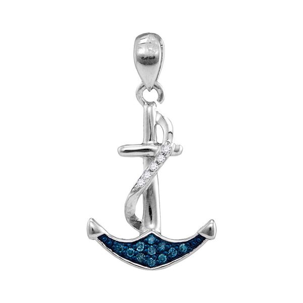Blue Color Enhanced Diamond Nautical Anchor Pendant 1/20 Cttw Sterling Silver