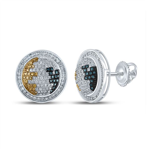 Sterling Silver Mens Blue Yellow Color Enhanced Diamond Circle Earrings 3/4 Cttw Sterling Silver
