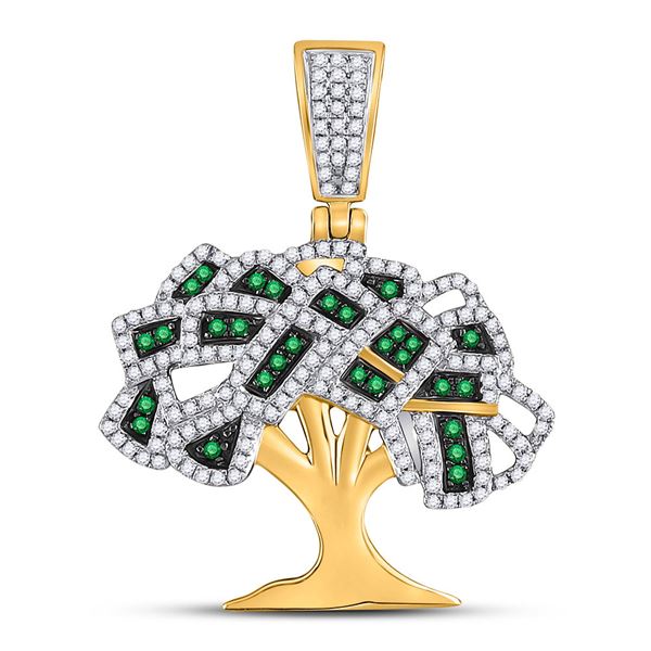 Mens Green Color Enhanced Diamond Money Tree Charm Pendant 3/4 Cttw 10kt Yellow Gold