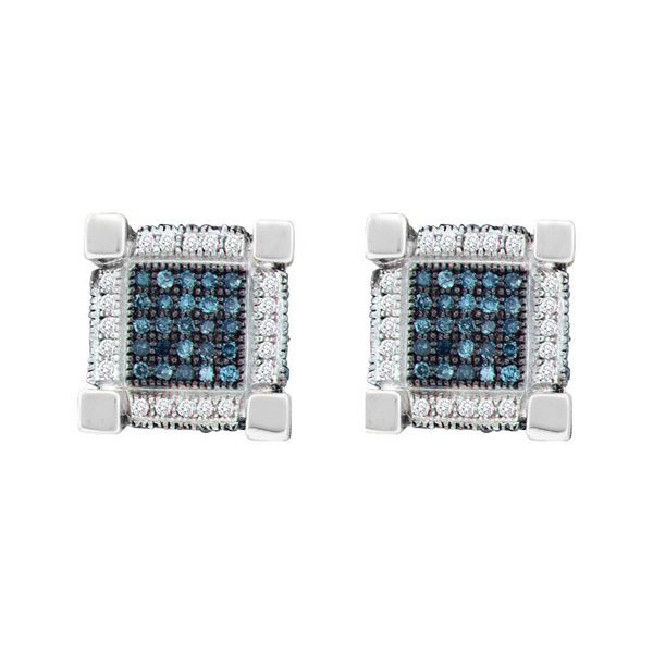 Mens Blue Color Enhanced Diamond 3D Cube Square Earrings 3/4 Cttw 10kt White Gold