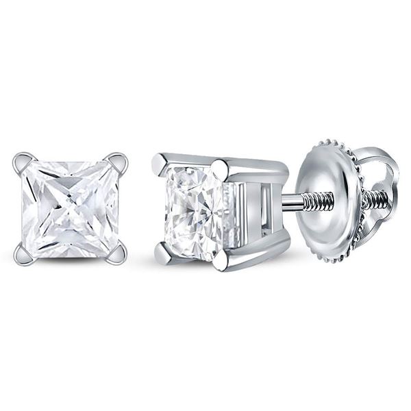 Unisex Princess Diamond Solitaire Stud Earrings 7/8 Cttw 14kt White Gold