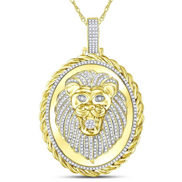 Mens Diamond Oval Lion Face Rope Charm Pendant 1 Cttw 10kt Yellow Gold