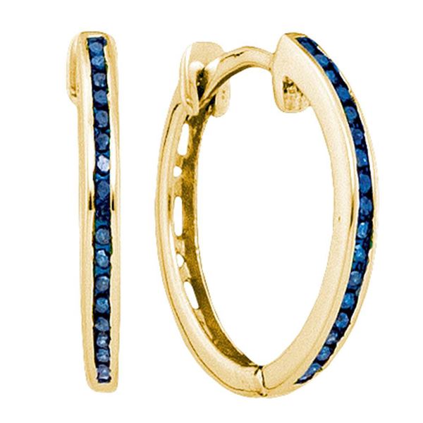 Blue Color Enhanced Diamond Hoop Earrings 1/10 Cttw 10kt Yellow Gold