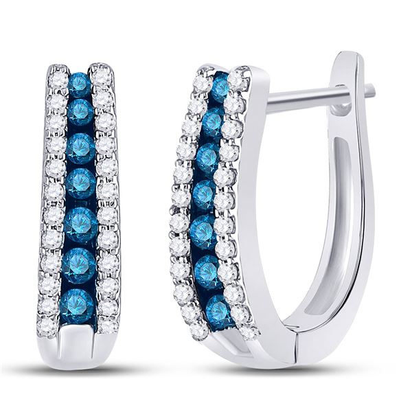 Blue Color Enhanced Diamond Hoop Earrings 1/2 Cttw 10kt White Gold