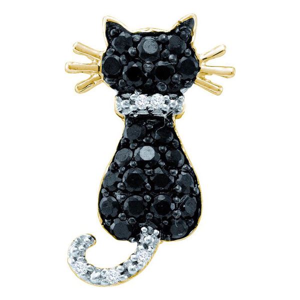 Black Color Enhanced Diamond Kitty Cat Feline Pendant 1/3 Cttw 10kt Yellow Gold
