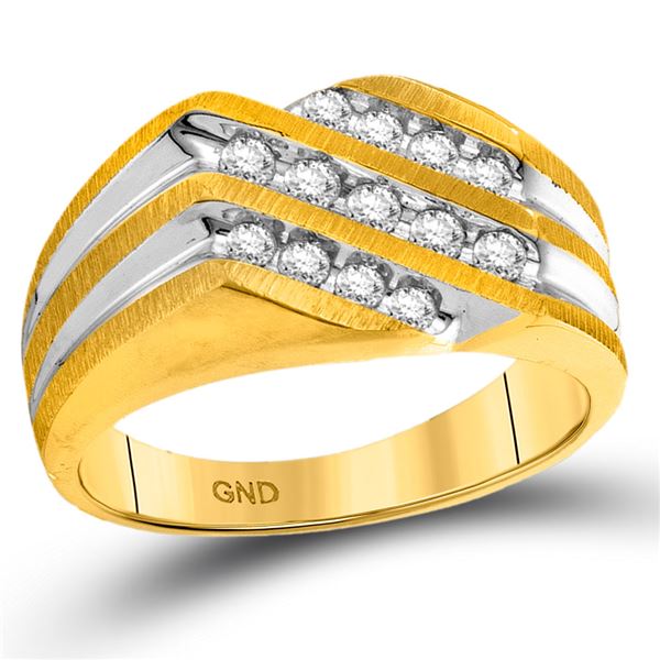 Mens Diamond Diagonal 3 Row Fashion Ring 1/2 Cttw 10kt Two-tone Gold