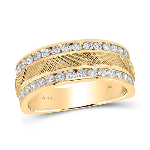 Mens Diamond Double Row Textured Wedding Band Ring 1 Cttw 14kt Yellow Gold