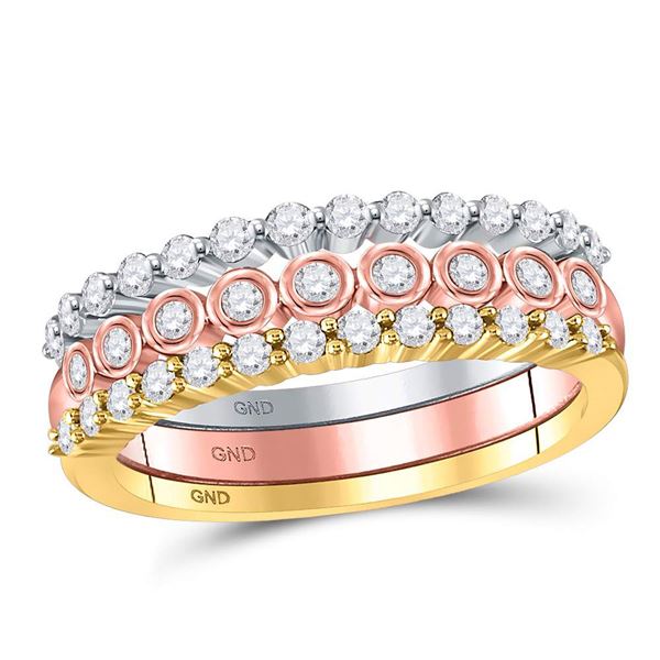 Diamond 3-Piece Stackable Band Ring Set 1/2 Cttw 10kt Tri-Tone Gold