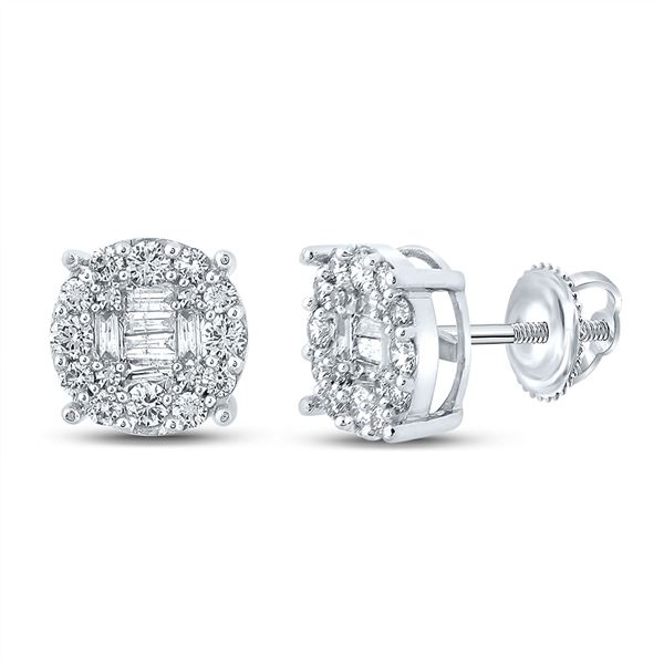 Mens Baguette Diamond Cluster Earrings 5/8 Cttw 10kt White Gold
