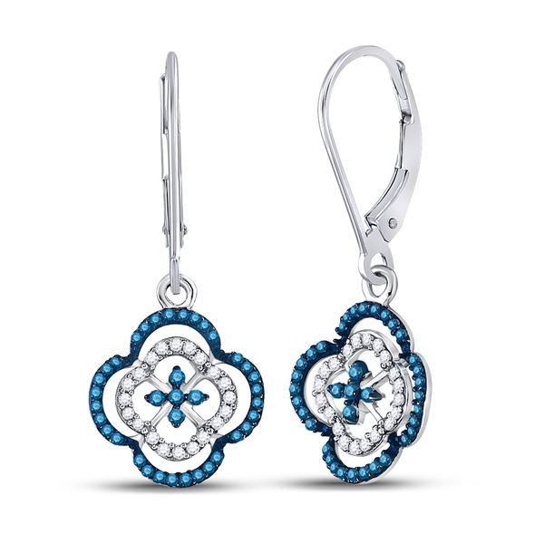 Blue Color Enhanced Diamond Quatrefoil Dangle Earrings 1/3 Cttw 10kt White Gold