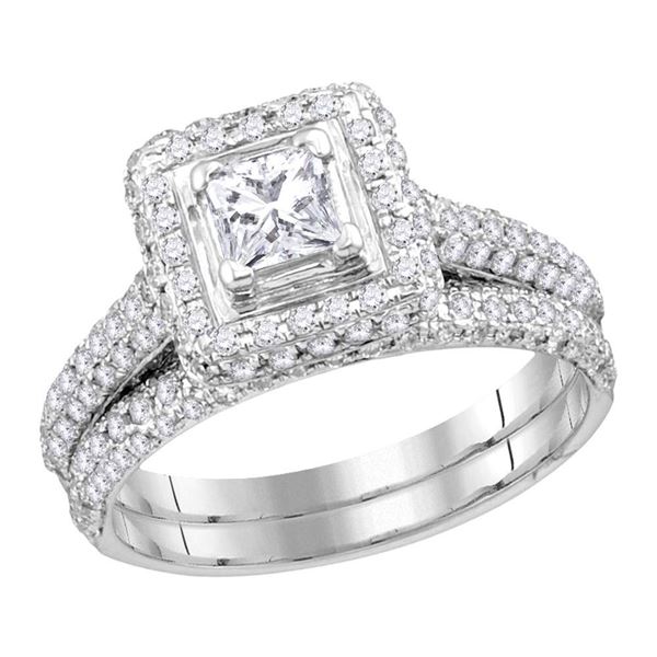 Princess Diamond Halo Bridal Wedding Ring Band Set 1-1/4 Cttw 14kt White Gold