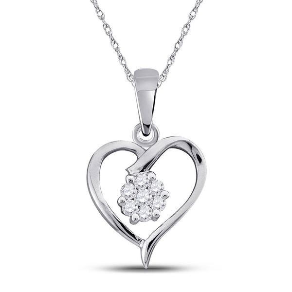 Diamond Flower Cluster Heart Pendant 1/12 Cttw 10kt White Gold