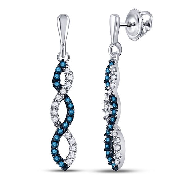 Blue Color Enhanced Diamond Dangle Earrings 1/6 Cttw 10kt White Gold