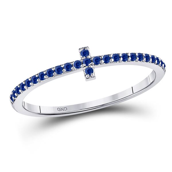 Blue Sapphire Cross Stackable Band Ring 1/6 Cttw 10kt White Gold
