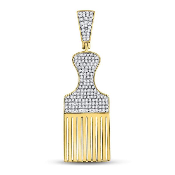 Mens Diamond Afro Hair Pick Charm Pendant 1/2 Cttw 10kt Yellow Gold