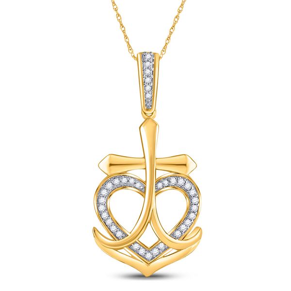 Diamond Heart Cross Anchor Pendant 1/10 Cttw 10kt Yellow Gold