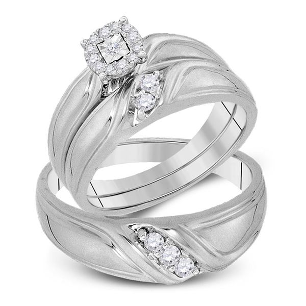 His Hers Diamond Cluster Matching Wedding Set 1/4 Cttw 10kt White Gold
