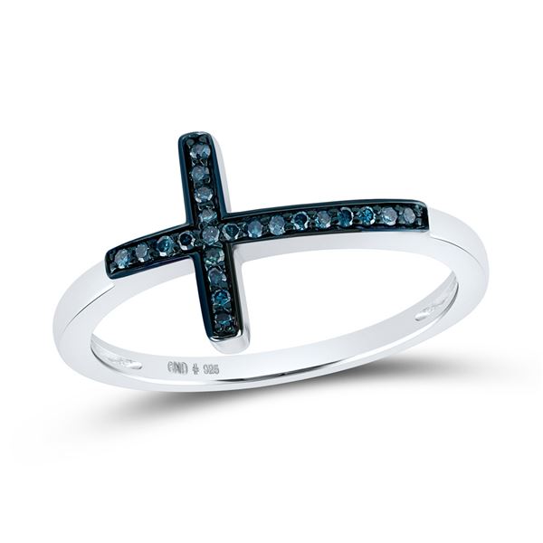 Blue Color Enhanced Diamond Cross Fashion Ring 1/20 Cttw Sterling Silver