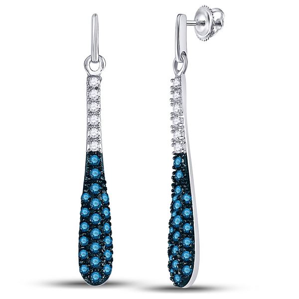 Blue Color Enhanced Diamond Teardrop Dangle Earrings 3/4 Cttw 10kt White Gold