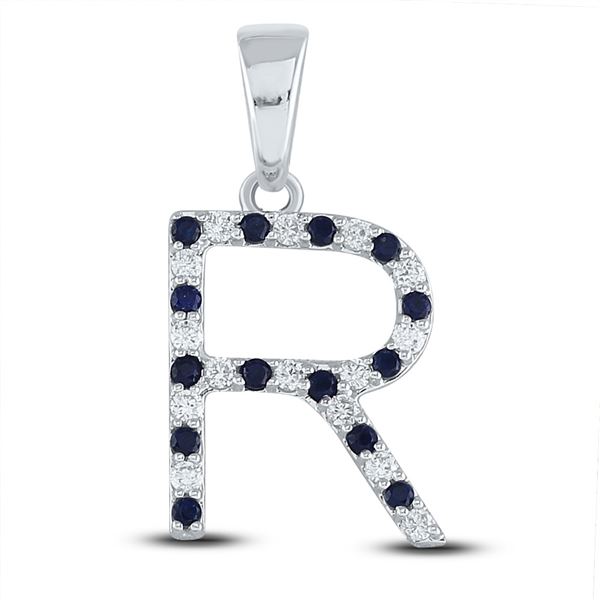 Blue Sapphire Initial R Letter Pendant 1/3 Cttw 10kt White Gold