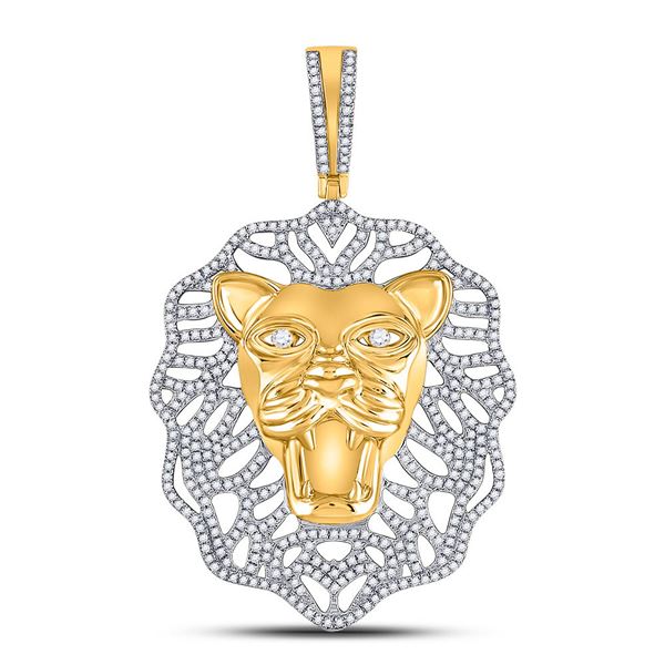 Mens Diamond Lion Head Charm Pendant 1-1/4 Cttw 10kt Yellow Gold