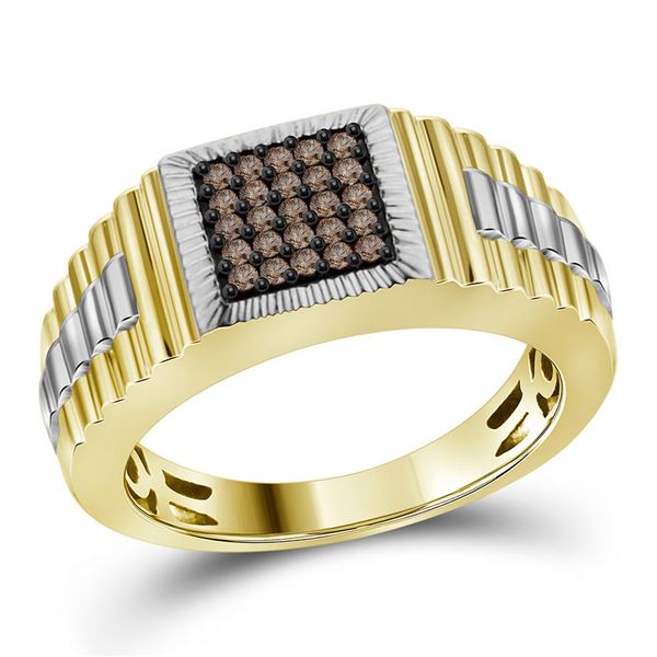 Mens Brown Diamond Square Cluster Ribbed Ring 1/4 Cttw 10kt Yellow Gold
