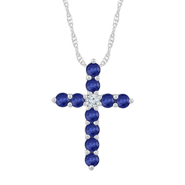 Lab-Created Blue Sapphire Cross Pendant 7/8 Cttw 10kt White Gold