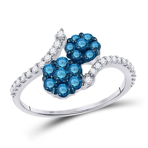 Blue Color Enhanced Diamond Double Flower Cluster Ring 3/4 Cttw 10kt White Gold