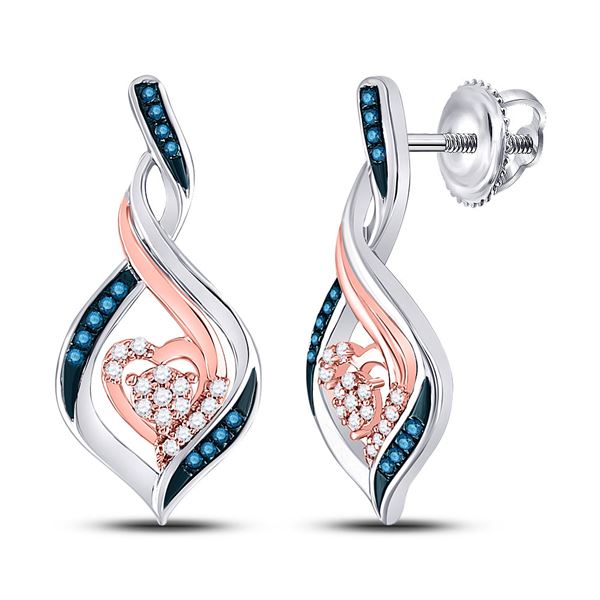 Blue Color Enhanced Diamond Rose-tone Heart Earrings 1/6 Cttw 10kt White Gold
