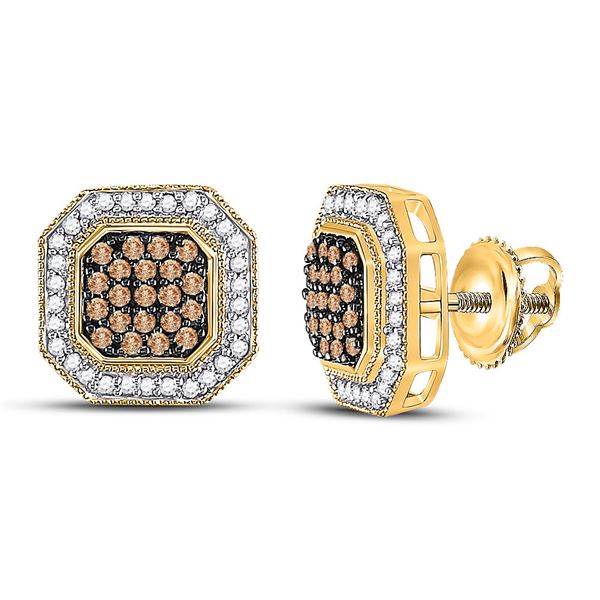 Brown Diamond Octagon Cluster Earrings 1/2 Cttw 10kt Yellow Gold