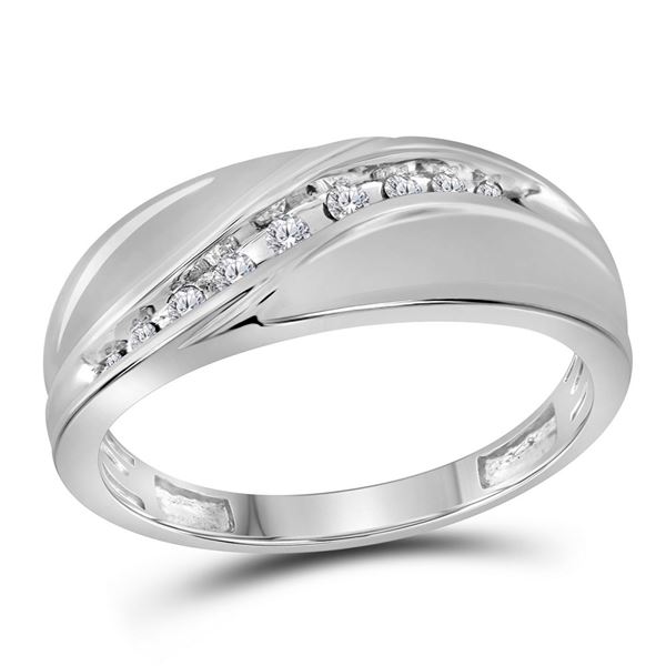 Mens Diamond Single Row Fashion Band Ring 1/8 Cttw 10kt White Gold
