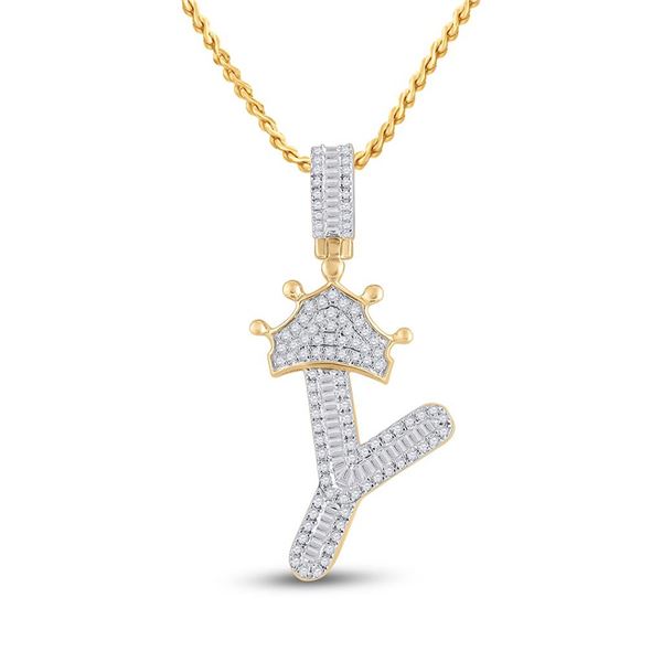 Mens Baguette Diamond Crown Y Letter Charm Pendant 1/2 Cttw 10kt Yellow Gold