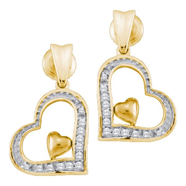 Diamond Heart Dangle Stud Earrings 1/10 Cttw 10k Yellow Gold