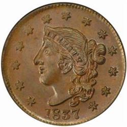 1837 Hard Times Token. Ezra B. Sweet. HT-334, L-140. Rarity-4. MS-64 BN (NGC).