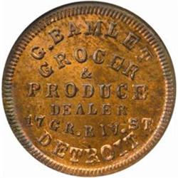 1863 Civil War Store Card. Detroit, MI. G. Bamlet, Grocer. CWT-225E-2a. Rarity-6. MS-64 RB (NGC).