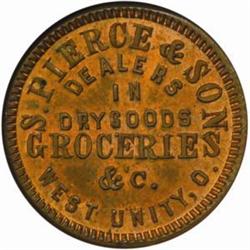 1863 Civil War Store Card. West Unity, Ohio. S. Pierce & Son. CWT-930C-2a. Rarity-5. MS-64 RB (NGC).