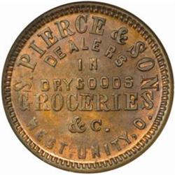 1863 Civil War Store Card. West Unity, Ohio. S. Pierce & Son. CWT-930C-2a. Rarity-5. MS-64 RB (NGC).