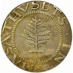 1652 Massachusetts Pine Tree Shilling. Noe-1. Rarity-2. Large Planchet. Pellets at Trunk AU53 (PCGS)