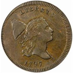 1797 Half Cent. B-2a, C-2. Rarity-4. Plain Edge. Centered Head. AU-55 (PCGS).